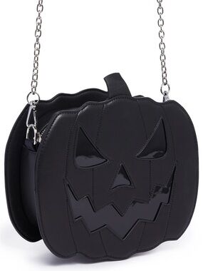 Trickz N’ Treatz Stay Grinning Jack O Lantern Crossbody Black Pumpkin-Shaped Bag